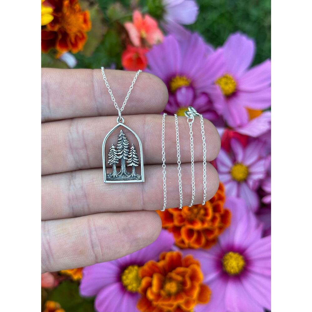 Sterling Silver Three Pine Trees Forest Necklace - image 1